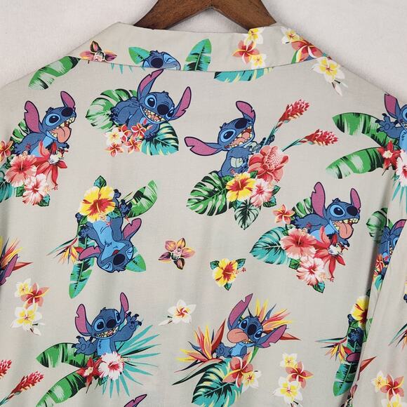 Disney Stitch Shirt Mens XXL Beige Floral Hawaiian Button Up Rayon Short Slv EUC - Picture 6 of 11
